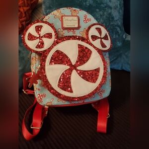 Disney Parks Loungefly Mickey Mouse Peppermint Sequin Gingerbread Backpack EUC